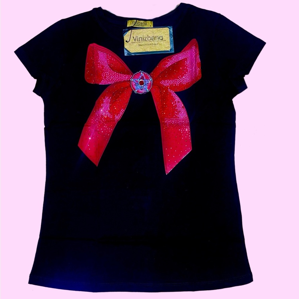 🆕 #1~Vinizbena Small Red & Black Short Sleeve Tee with Sparkling Rhinestone Bow